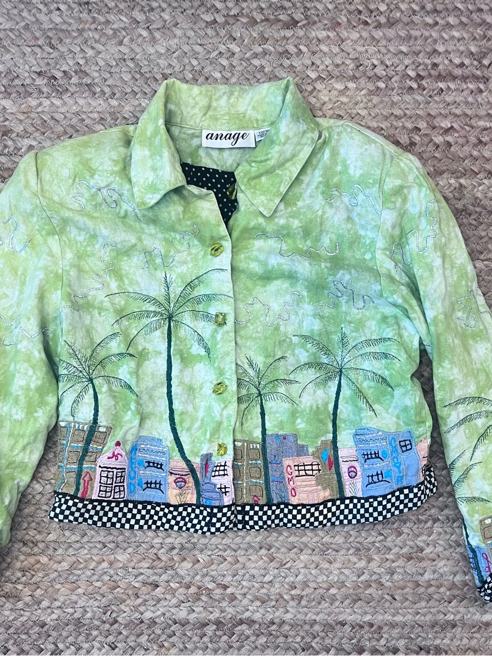 Anage Light Green Palm & City Embroidered Jean Jacket